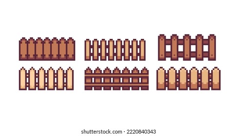 Wooden fence pixel art set. Countryside timber hedge collection. 8 bit sprite. Game development, mobile app. Isolated vector illustration.