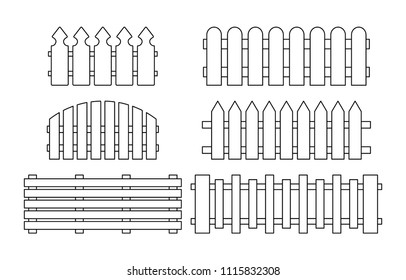 Wooden fence set. Simple outline design isolated on white