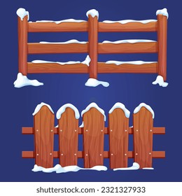 Wooden fence with snow barrier construction in cartoon style isolated. Game element, background, detailed asset.