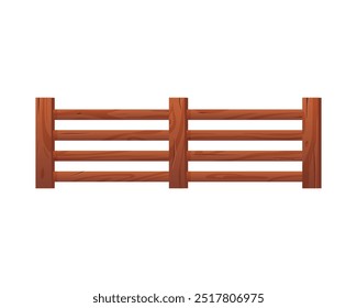 Wooden fence for a summer house and garden. Four horizontal beams are connected by vertical posts. Rustic and natural style. Dark wood fencing. Vector illustration isolated on white background.