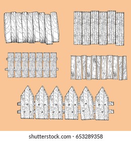 Wooden fence. Vector illustration of a wooden wall, a fence. Hand drawn set of wooden fence, wall.