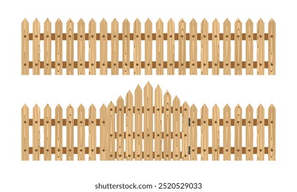 wooden fence with wood grain and gate. vector illustration isolated on white background.