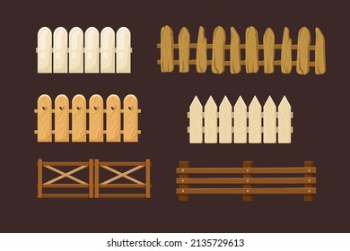 Wooden fences or barriers vector illustrations set. Collection of garden, farm or ranch elements, fencing or border walls from planks isolated on brown background. Protection concept