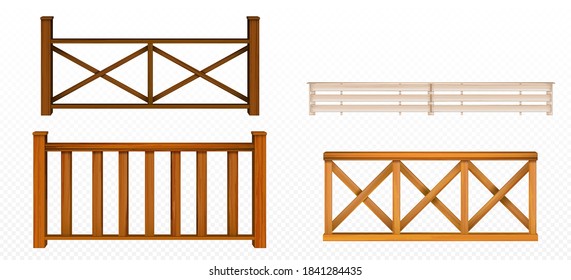 Wooden fences, handrail, balustrade sections with rhombus and grates patterns Balcony panels, stairway or terrace fencing architecture isolated design elements, 3d vector realistic illustration set svg