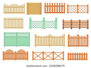 Wooden fencing. Cartoon fences wood bars materials, farm or ranch palisade fence timber balustrade handrail banister garden hedge enclosure barrier gate, vector illustration of wooden fence isolated