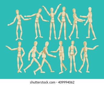 Wooden figure of a man. Wooden articulated man. Doll on the hinges. Moving articulated people isolated on a white background. Model of  people in actions.