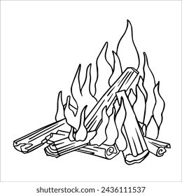 Wooden fire and gatherings around the fire. Vector, graphics, doodle. Open fire. Fire flames and wooden logs. Burning firewood and frying pan.