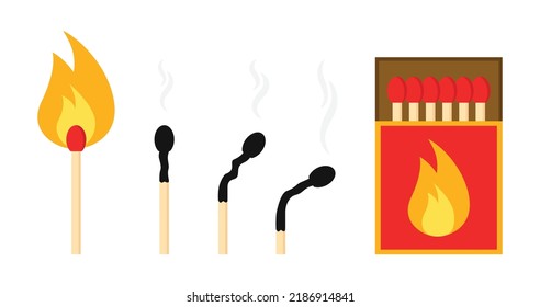 Wooden Fire Match Stick Burning With Flame, Burnt Matchstick With Smoke And Red Matchbox With Matches Vector Illustration Icon Set.