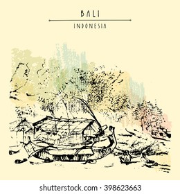 Wooden fisherman boat at Jimbaran beach, Bali, Indonesia, Asia. Sandy beach. Hand drawing. Travel sketch. Book illustration, postcard or poster template in vector