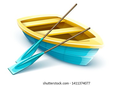 Wooden fisherman's boat with paddles for fishing or kayaking extreme sports and entertainment, isolated white background. Boat for fisherman, fishing transport with paddles. Eps10 vector illustration.