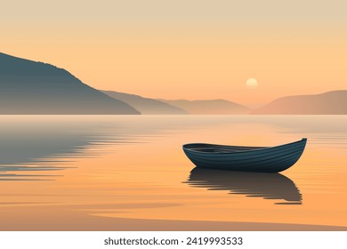 Wooden fishing boat on a lake in the early morning fog against the backdrop of a beautiful sunrise and silhouettes of the mountains. Amazing landscape of a lake at dawn with a boat on the water.