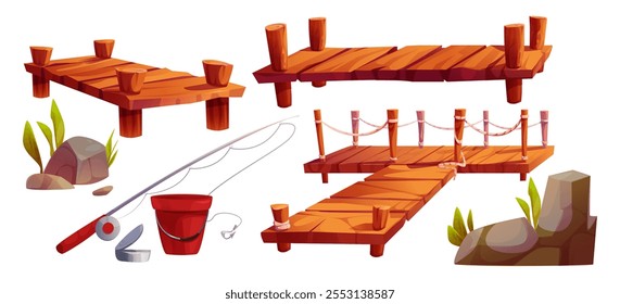 Wooden fishing pier with planks, posts and rope railings. Wharf with rocks and plants, fishing rod, bucket and can with bait. Rustic natural design elements for outdoor recreational activities scene.