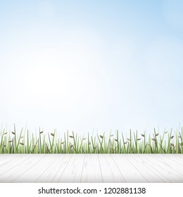 Wooden floor with green field background. Vector illustration.