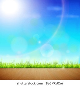Wooden Floor With Green Grass. Vector Illustration.