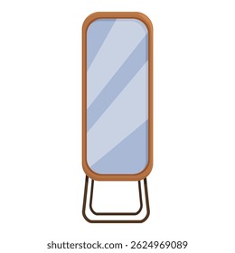 Wooden floor mirror standing on metal legs is reflecting the light in the room