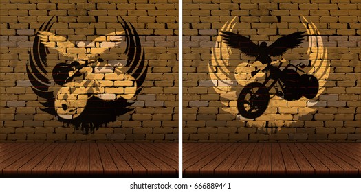 A wooden floor and an old brick wall with a musical background, an eagle with a motorcycle and an electric rock guitar.