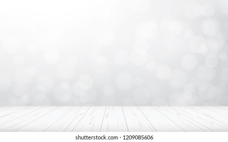 Wooden floor perspective with light blurred bokeh background used for montage or display product. Vector illustration.