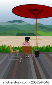  suelo de madera con fondo de río y montaña, vector de ilustración de paisajes naturales.