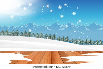 wooden floor with snow background