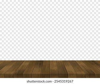 Vista de perspectiva de la superficie del piso de madera. Vector realista suelo de tablón marrón oscuro aislado sobre fondo transparente. Plantilla interior 3D. Tabla de madera del tablero, parquet, tablero de madera para la maqueta, diseño.