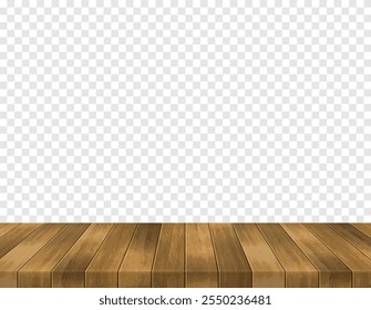 Vista de perspectiva de la superficie del piso de madera. Suelo de tablón marrón envejecido realista de Vector aislado sobre fondo transparente. Plantilla interior 3D. Tabla de madera del tablero, parquet, tablero de madera para la maqueta, diseño.