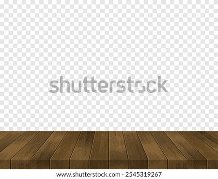 Wooden floor surface perspective view. Vector realistic dark brown plank flooring isolated on transparent background. 3d interior template. Wood board table, parquet, timber board for mock up, design.