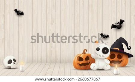 Wooden floor and wall background with cute Halloween elements decoration graphic illustration have blank space for product presentation.