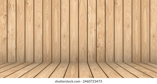 Wooden floor and wall background template vector illustration have blank space for advertisement or place the products presentation.