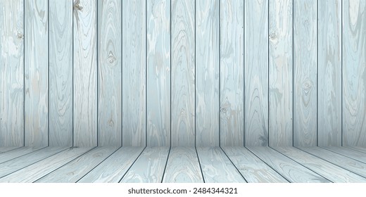 Wooden floor and wall background turquoise blue colors painted distressed weathered fade condition template vector illustration have blank space for advertisement or place the products presentation.