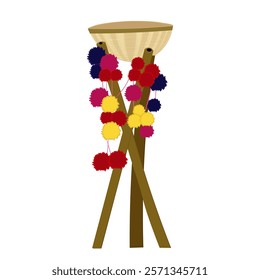 Wooden flower basket with colorful tassle hanging design for Indian haldi mehendi sangeet ceremony card decoration