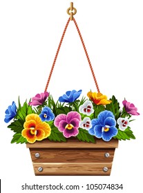 Wooden Flower Pot With Multicolored Pansies. Vector Illustration.