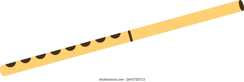 A wooden flute with dark finger holes drawn in a flat style. The flute is depicted diagonally with a clean and simple look. Cartoon vector illustration.