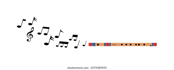 Wooden flute with musical notes. Music instruments of flute with note vector illustration.