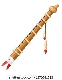 Wooden flute with Native american pattern. Musical instrument with feathers. Flat vector illustration isolated on white background.