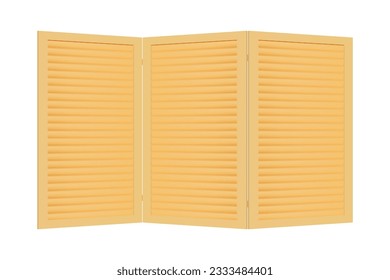 Wooden folding screen with horizontal slats, consisting of three screens. Vector object isolated on white background. Interior item for dividing a room. Vintage paravan for changing clothes and toilet