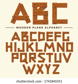 Wooden Font, Plank Wood Table Alphabet. Old Boards With Nails ABC. Cartoon Style Vector