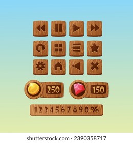 Wooden Forest Game Interface Buttons. Cartoon Gui Elements, Ui Game Assets. Isolated Vector Menu Navigation Option Plank