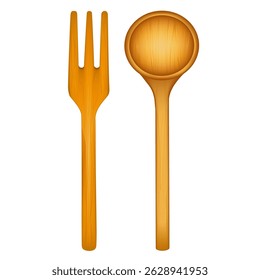 Wooden Fork and Spoon Salad Tools, wood grain texture, isolated on white background. 
