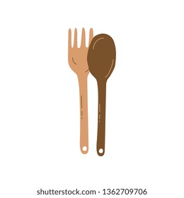 Wooden Fork and Spoon, Zero Waste Reusable Object, Eco lifestyle Concept Vector Illustratio