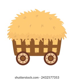 wooden four wheel cart with hay, flat vector illustration