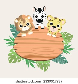 wooden frame with african baby animals, vector illustration 