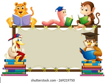 Wooden Frame With Animals Reading Books Around It