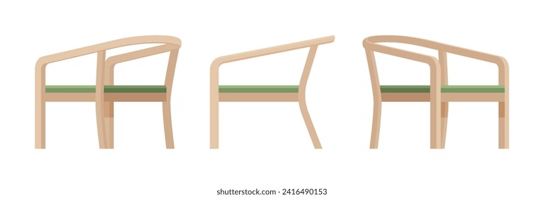 Wooden frame armchair set, beige dining chair. Workroom, kitchen, living room, balcony, tea table, banquet accent. Vector flat style cartoon home or office furniture objects isolated, white background