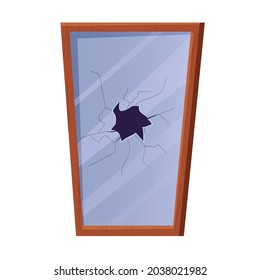 Wooden Frame With Broken Mirror In Cartoon Style Isolated On White Background. Bad Luck, Accident, Cracked Looking Glass.