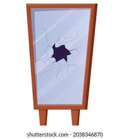 Wooden Frame With Broken Mirror In Cartoon Style Isolated On White Background. Bad Luck, Accident, Cracked Looking Glass.