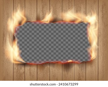 Marco de madera con agujero quemado y centro de fuego. Vector Mockup aislado en un fondo transparente.