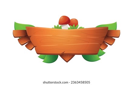 Wooden frame for childish interface ui ux game. Cute red mushrooms and leaves adorn rank board, evolution level mockup border. Vector cartoon isolated illustration fantasy game trophy button