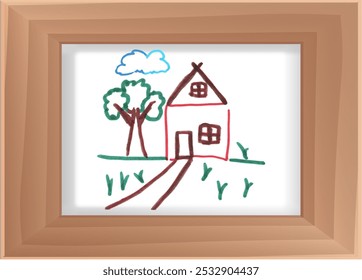 Wooden frame with children's drawing. Can be used as a template, collage for web design of children's room interior or for exhibition. Vector. Graphic. Close-up.