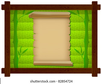 Wooden frame with a dark green background and cellular scroll parchment