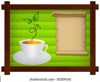 Wooden frame with a dark green background of cellular, cup of tea and sprout